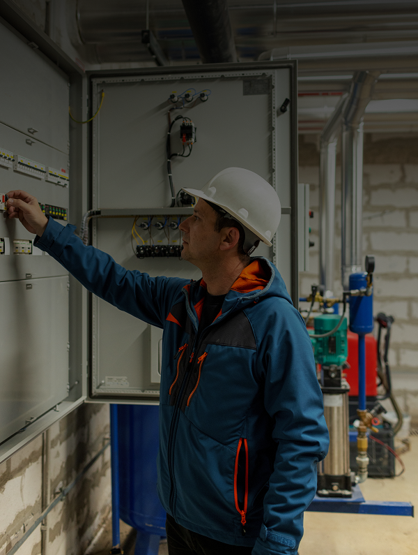 Engineer adjusting electrical panel controls