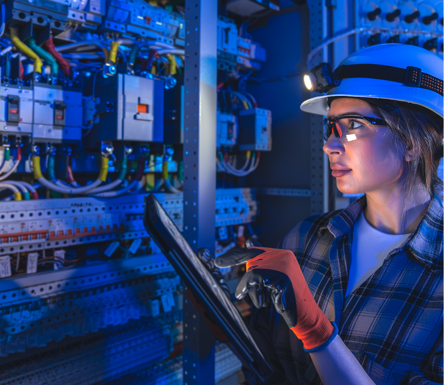 Woman in safety gear examining circuitry